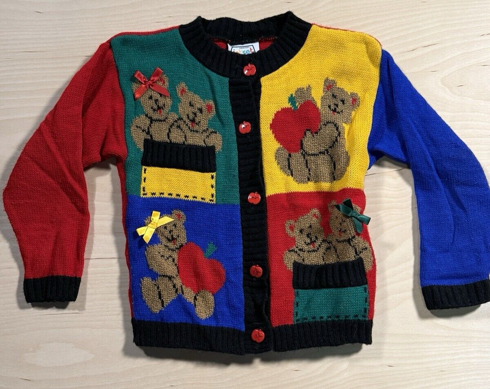 Vintage 1990s Teddy Bears KNIT Sweater Unisex Medium/6 JET SET Acrylic